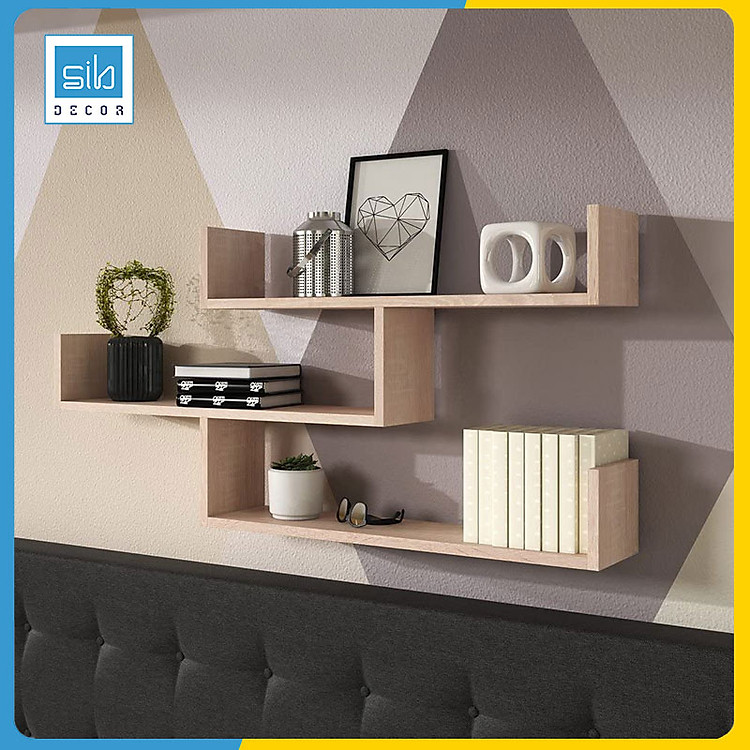 Kệ Gỗ Trang Trí Phòng Khách, Phòng Ngủ Với Thiết Kế Cách Điệu Màu Vân Gỗ Sồi SIB Decor