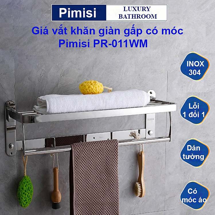 Kệ giá treo khăn tắm dán tường trong nhà vệ sinh Pimisi PR-011WM inox 304 giàn đa năng có kèm keo dán | hàng chính hãng