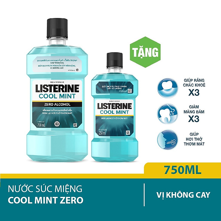 Nước súc miệng Listerine Zero không cay 750ml + Tặng 1 coolmint 250ml