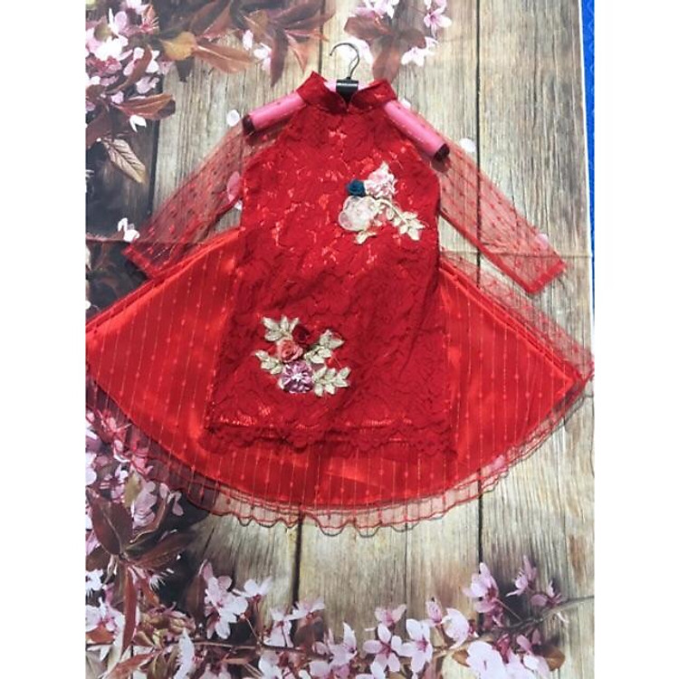 Áo dài hoa trà nổi cho bé gái 9-19kg