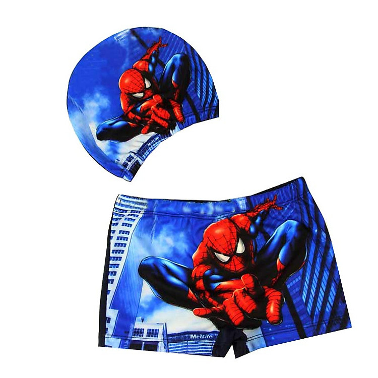 Set Đồ Bơi Bé Trai Quần Kèm Mũ Màu Xanh In Hình Người Nhện Siêu Ngầu