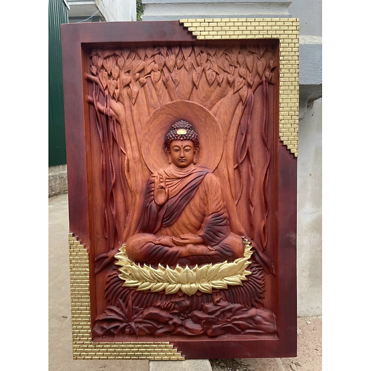Tranh treo tường tượng phật adi đà bằng gỗ hương đá tô làm mầu giả cổ kt 67×46×4.5cm