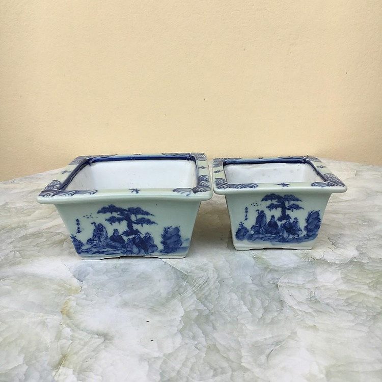 Chậu bonsai Vuông mini men vẽ giả tàu gốm Bát tràng 2 size BM-91