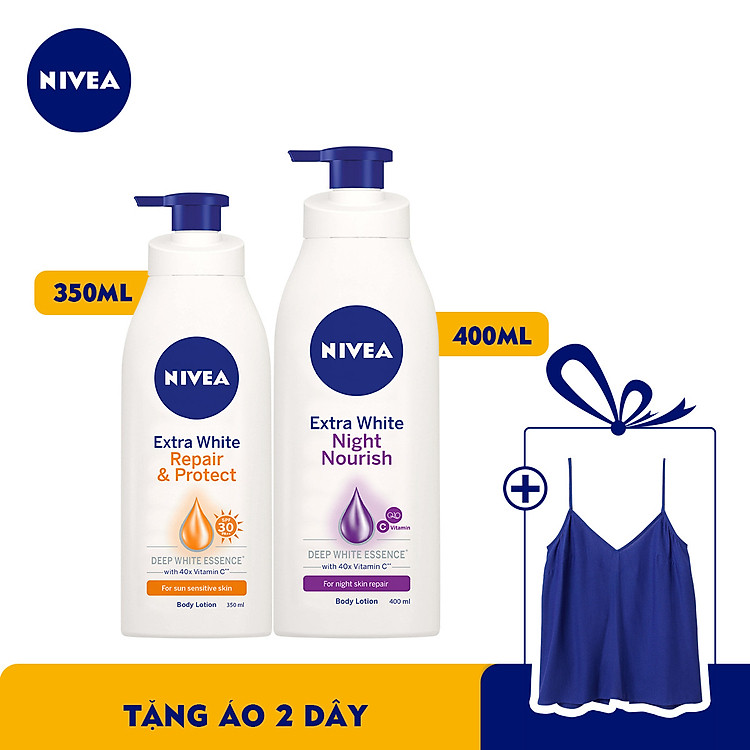 Bộ đôi Sữa Dưỡng Thể NIVEA Dưỡng Trắng Ban Ngày Giúp Phục Hồi & Chống Nắng SPF30 (350ml) - 88311 & Sữa Dưỡng Thể NIVEA Dưỡng Trắng Ban Đêm Giúp Phục Hồi & Săn Da (400ml) – 88126 - Tặng Áo Thun Hai Dây