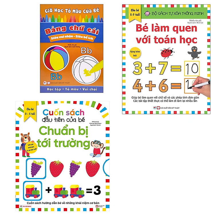 Combo 3 cuốn :Giờ Học Tô Màu Của Bé - Bảng Chữ Cái, Bộ Sách Tự Xóa Thông Minh - Bé Học Toán Mỗi Ngày (5 -7 Tuổi), Cuốn Sách Đầu Tiên Của Bé - Chuẩn Bị Tới Trường (Dành Cho Bé Từ 3-5 Tuổi) -TV