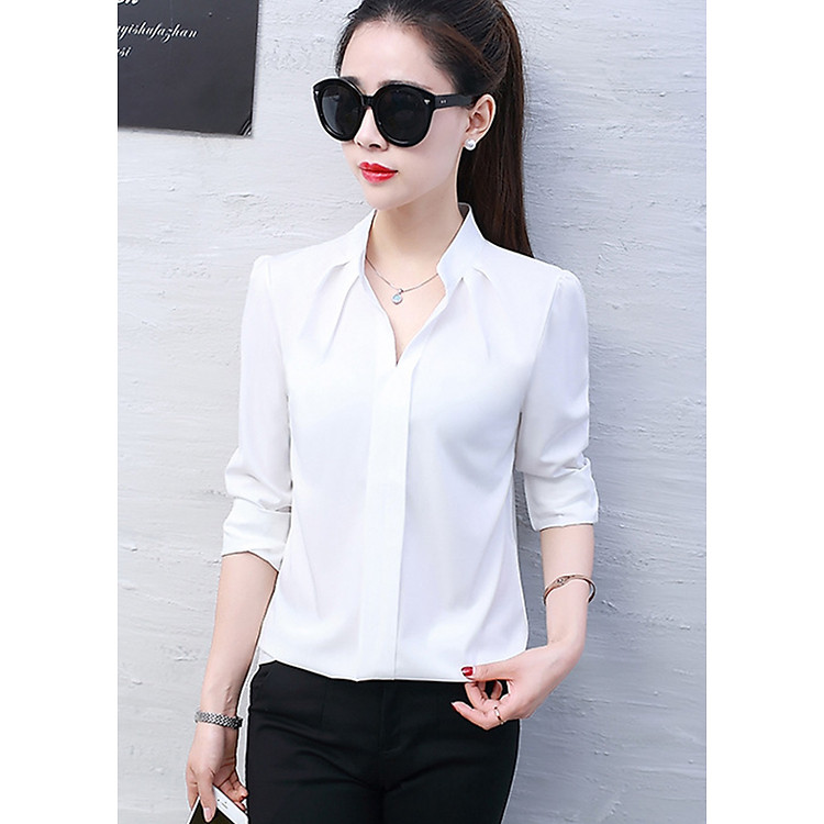 Áo sơ mi nữ tay dài cổ v sm08