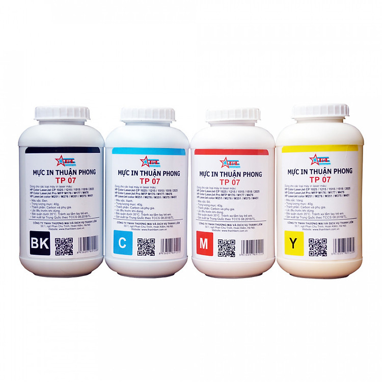 Bộ 4 màu Mực đổ Thuận Phong TP07 dùng cho máy in màu HP CP1025 / 1215 / 1515 / 2025 - Hàng Chính Hãng