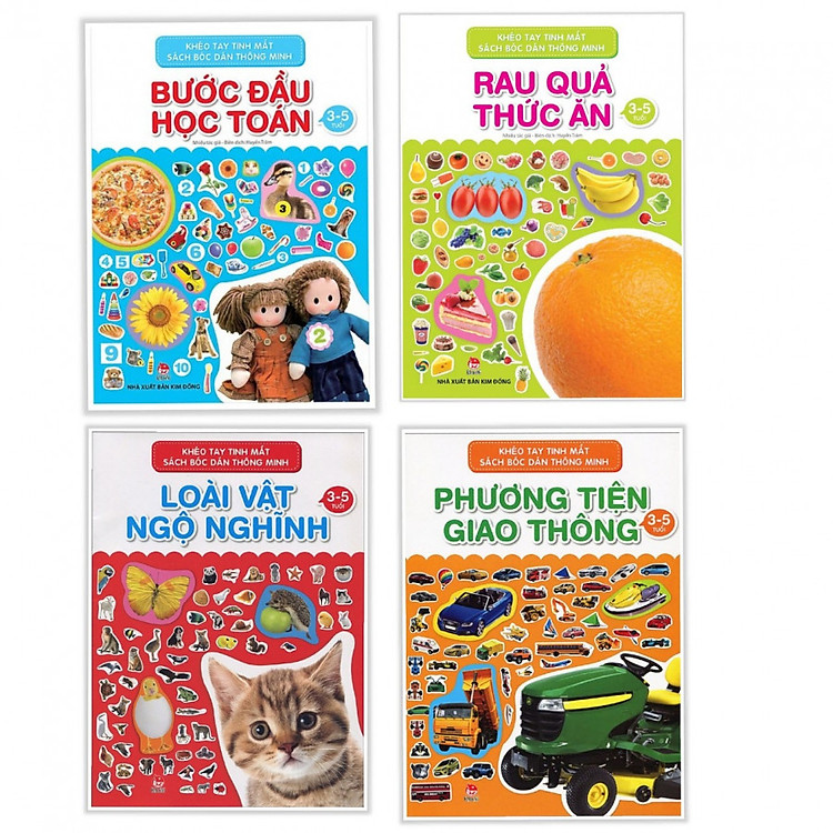 Combo khéo tay tinh mắt sách bóc dán thông minh : Bước đầu học toán + Rau quả thức ăn + Loài vật ngộ nghĩnh + Phương tiện giao thông - Tặng kèm bookmark thiết kế