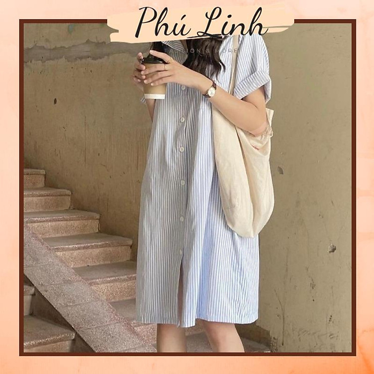 MS804 Váy đầm sơ mi kẻ sọc dáng suông cộc tay