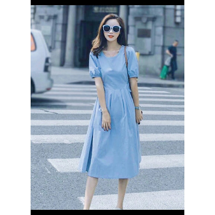 Đầm blue tùng xoè xếp li