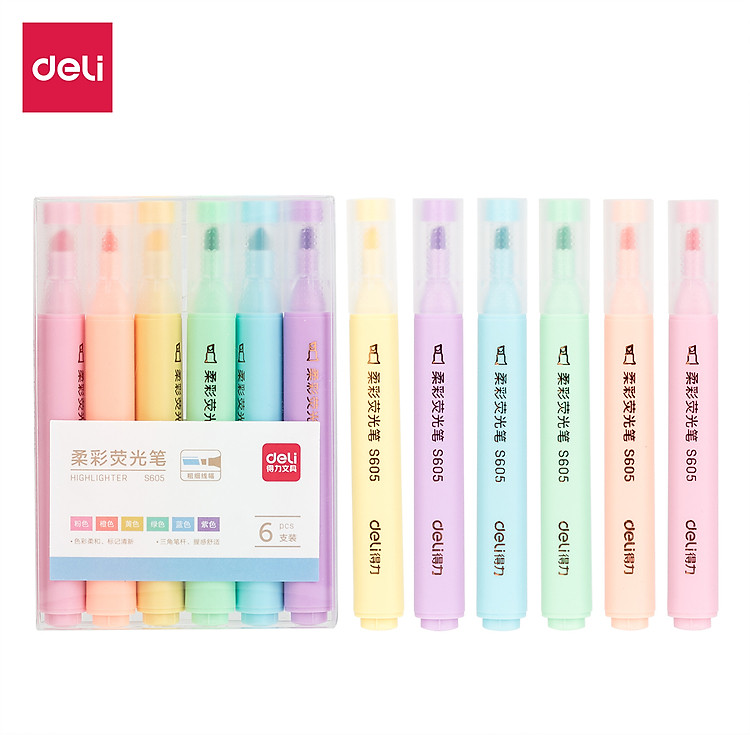 Bút Dấu Dòng Dạ Quang Màu Macaron Deli (6 chiếc)