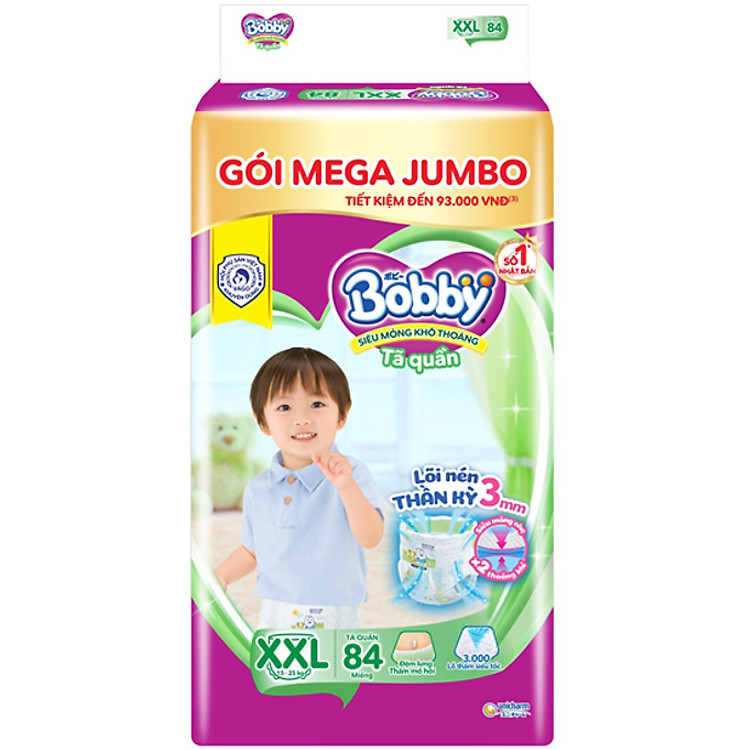 Tã/bỉm quần Bobby Mega Jumbo XXL84 - Lõi nén thần kì 3mm - Siêu mỏng khô thoáng bất ngờ