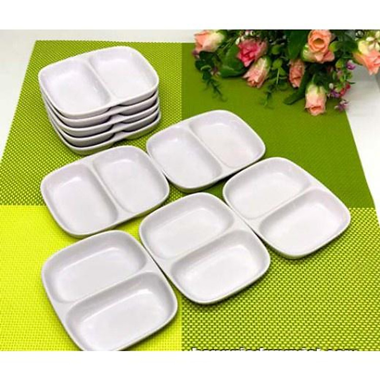 Chén Chấm Nhựa Phíp 2 Ngăn đựng gia vị nước chấm, đĩa đựng gia vị 2 ngăn