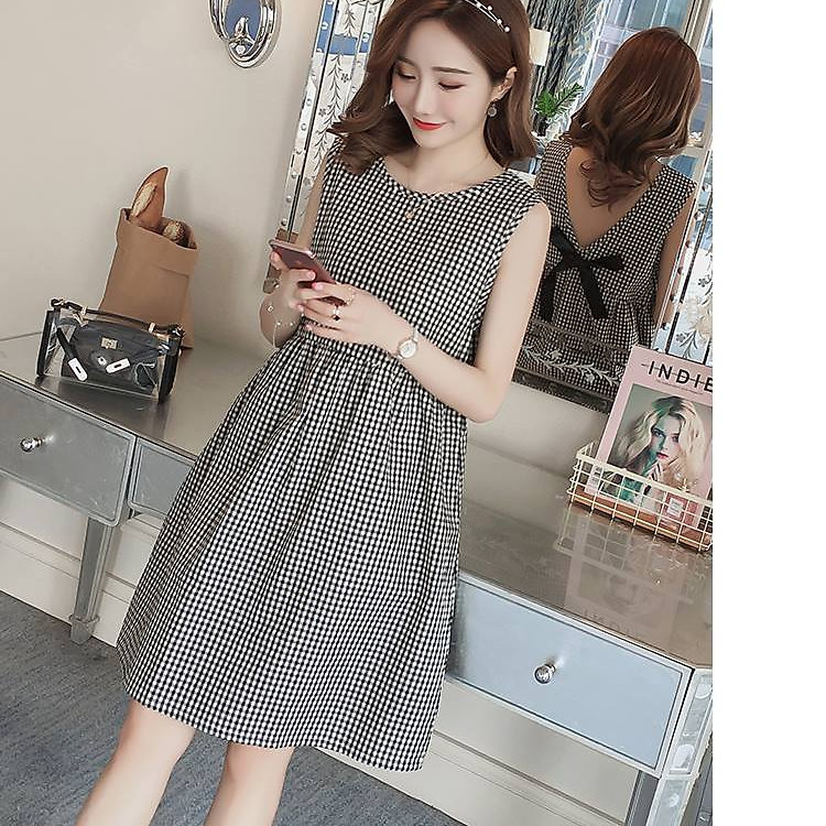 Váy Bầu Kẻ Caro Đen Sát Nách Nơ Sau - MYC 1240