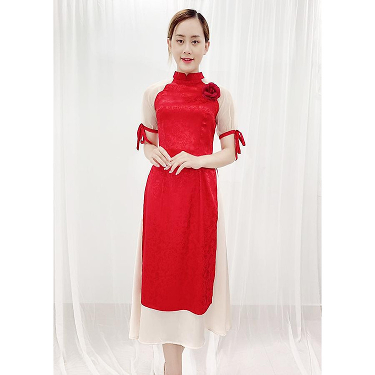 Áo Dài Cách Tân Tay Phồng, Kiểu Set Áo Dài Gấm Cao Cấp Phối Chân Váy Kèm Cài Hoa ROMI 3154