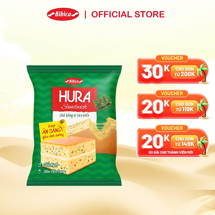 Bánh Hura Sandwich Chà Bông Vị Tảo Biển Bibica 40g - Bánh ăn sáng dinh dưỡng siêu ngon & tiện lợi