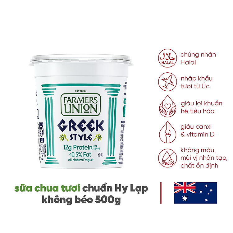 Sữa chua hy lạp tăng cường protein không béo Farmers Union greek style high protein no fat yogurt hũ 500g