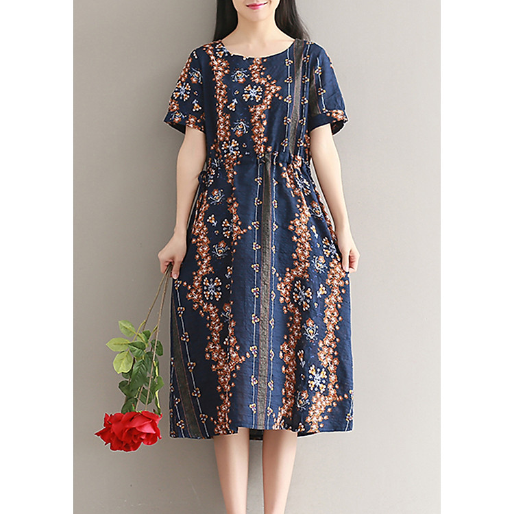 Đầm xòe hoa thổ cẩm chất thô DAM014