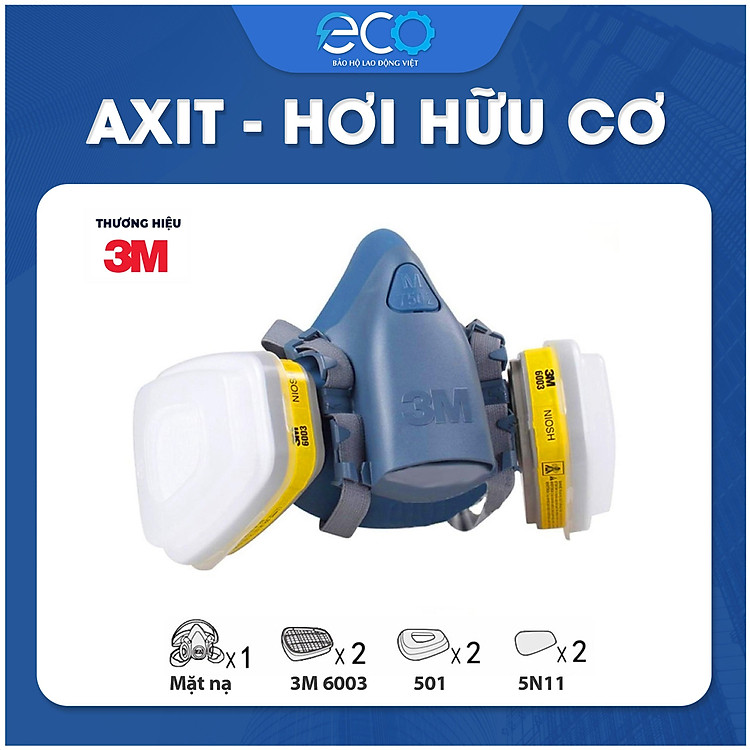 Combo (7 món) mặt nạ phòng độc 3M 7501, 7502 kết hợp phin lọc 3M 6003, tấm lọc bụi 5N11 cùng nắp giữ 501 lọc hơi độc Hơi hữu cơ vô cơ Phun sơn Phun xịt thuốc sâu Mặt nạ chính hãng