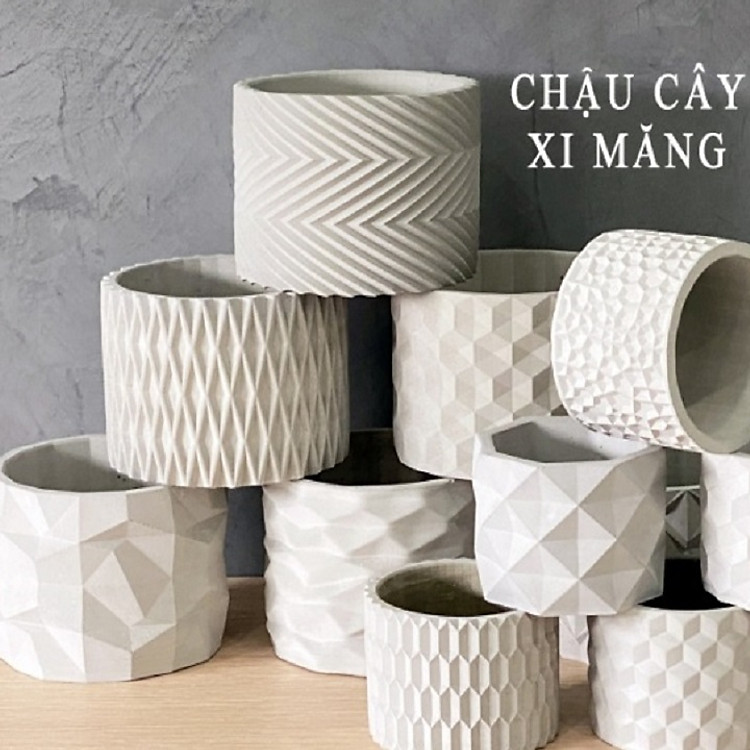 Combo 4 Chậu trồng sen đá, xương rồng bonsai cây cảnh bằng xi măng Origami hình trụ 15x11cm - Cement pots handmade Vintage / gift