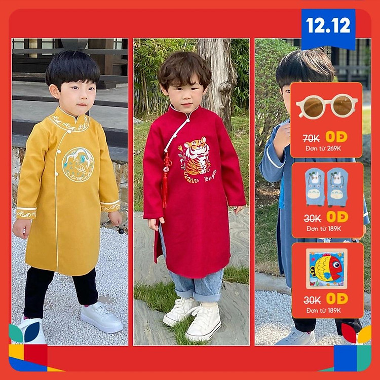 Áo dài Tết dáng cách tân mẫu mới 2022 cho bé trai 2 3 4 5 6 7 8 9 10 tuổi từ 12-34kg Magickids
