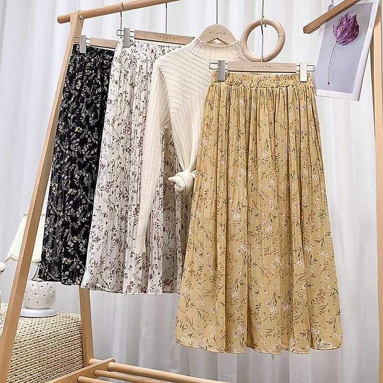 Chân váy hoa nhí xòe ulzzang - Chân váy xếp ly nhún vintage