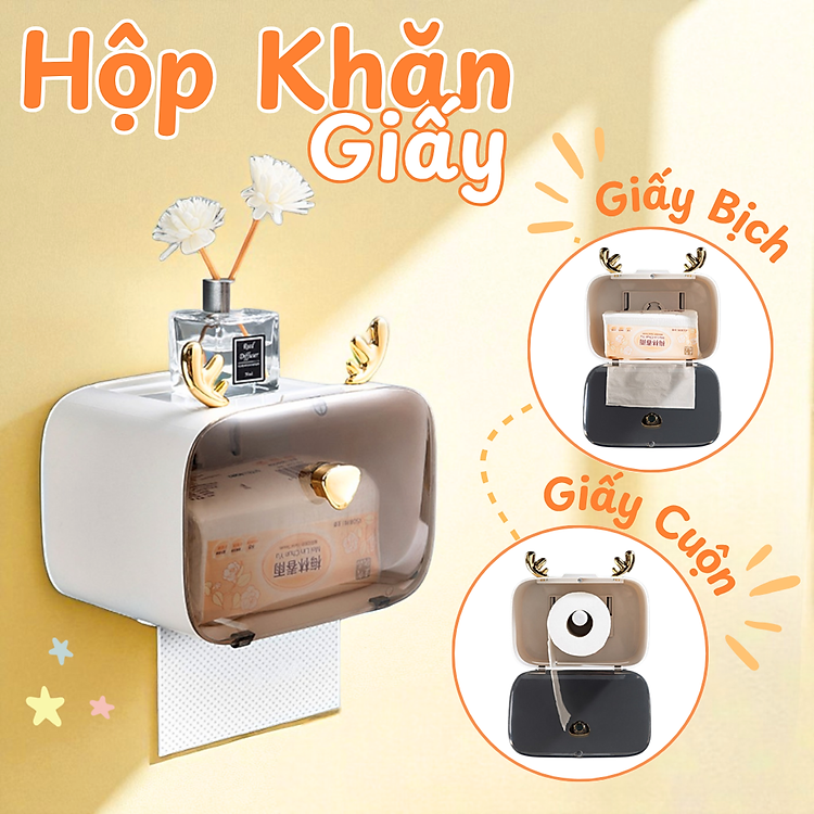 Hộp đựng khăn giấy, hộp khăn giấy, nhựa PP hoạ tiết sừng nai dễ thương, màu trắng sang trọng