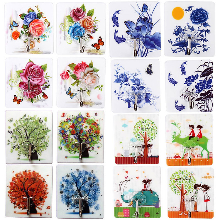 Bộ 16 loại 6x6 8x9 móc treo dán tường chịu lực 10kg nhiều màu sắc hình ảnh đẹp giao tùy chọn