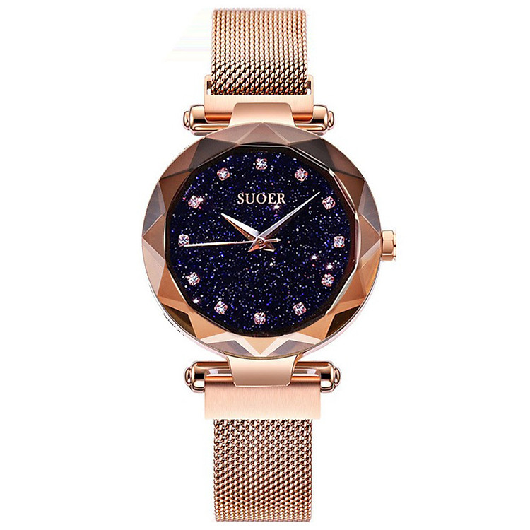 Đồng Hồ Nữ Suoer SU6081 Dây Titanium Siêu Nhẹ - Khóa Hít Nam Châm Sành Điệu - Mặt Kim Tuyến 3D Đính Kim Cương Nhân Tạo Sang Chảnh - Đồng Hồ Thời Trang Nữ Sang Trọng