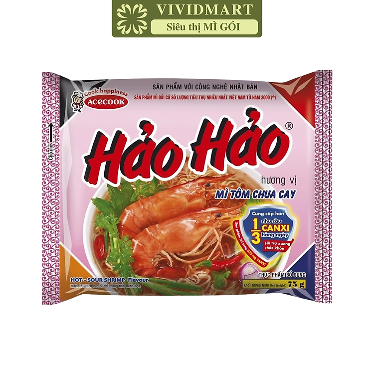 ACECOOK - Hảo Hảo hương vị Tôm Chua Cay, Mì ăn liền Hảo Hảo Tôm Chua Cay, Mì gói Hảo Hảo Tôm Chua Cay (75g/gói)