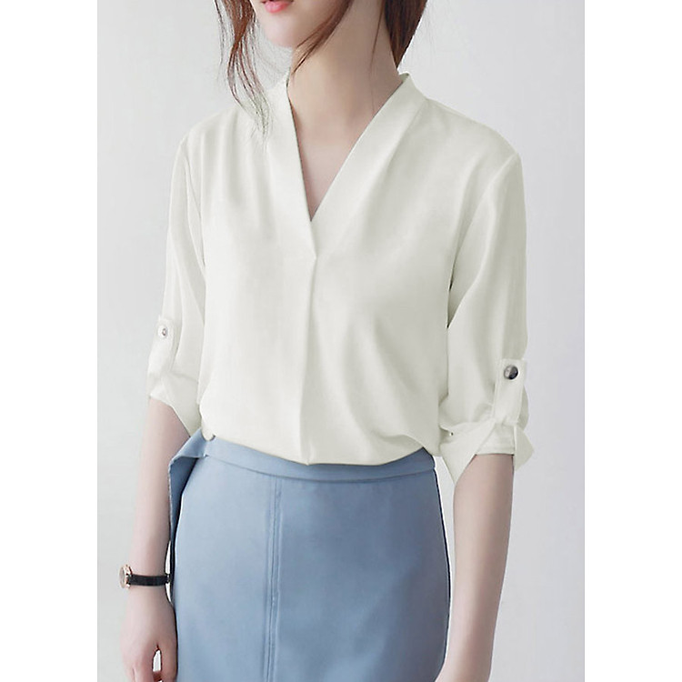 Áo sơ mi công sở kiểu áo sơ mi đơn giản tay lỡ cổ V GOTI 3084