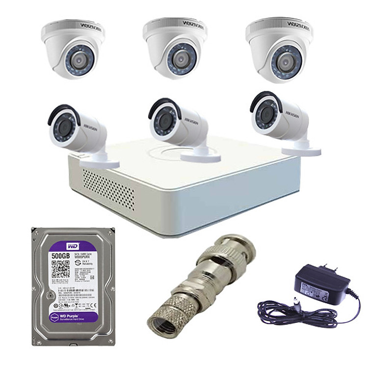 Trọn bộ 6 camera hikvision chính hãng và đầu ghi DS-7108HGHI-F1/N