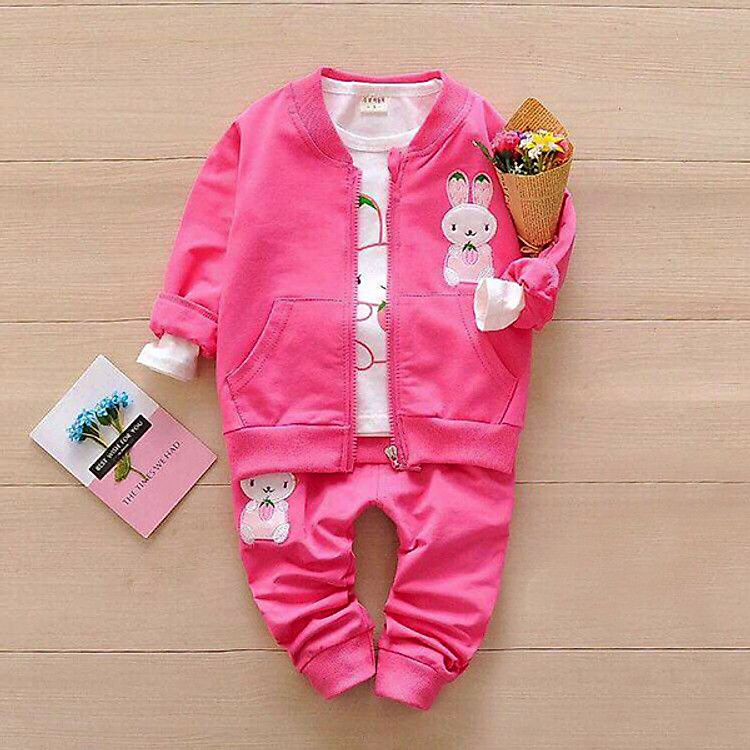 Bộ Quần Và Áo Khoác Ngoài Mẫu Thỏ Cho Bé Gái - Chất Da Cá