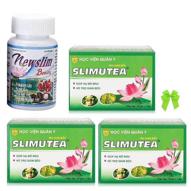 Thực phẩm chức năng Viên uống Hỗ trợ giảm cân đẹp da lá sen và trà lá sen học viện quân y Việt nam ( 1Newslim + 3 trà slimutea) và nơ