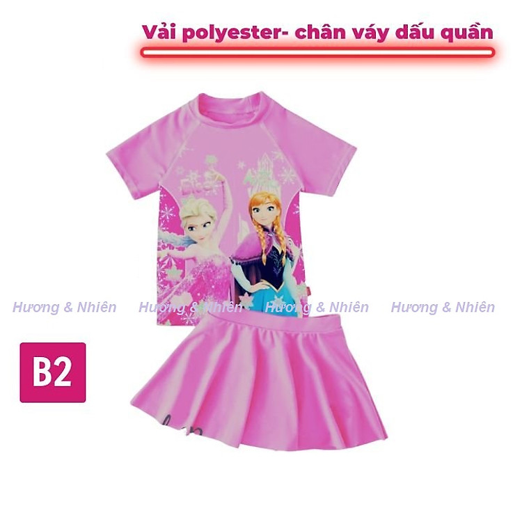 Đồ bơi bé gái tay ngắn chân váy hình Elsa - Anna từ 11-40kg, quần giả váy tạo cảm giác tự tin-kín đáo