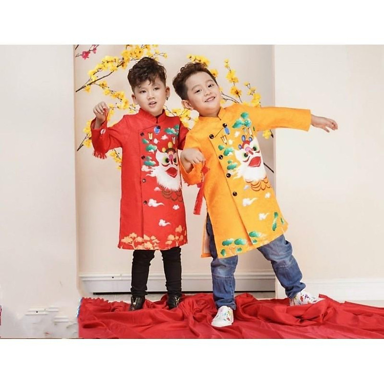 Áo dài gấm hoạ tiết sư tử cho bé trai 8-33kg