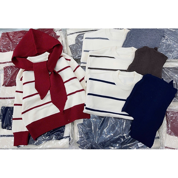 Áo len kẻ kèm khăn-Form Đẹp Chuẩn Hàn, Len Dày Mịn,Hot Trend Mùa Đông