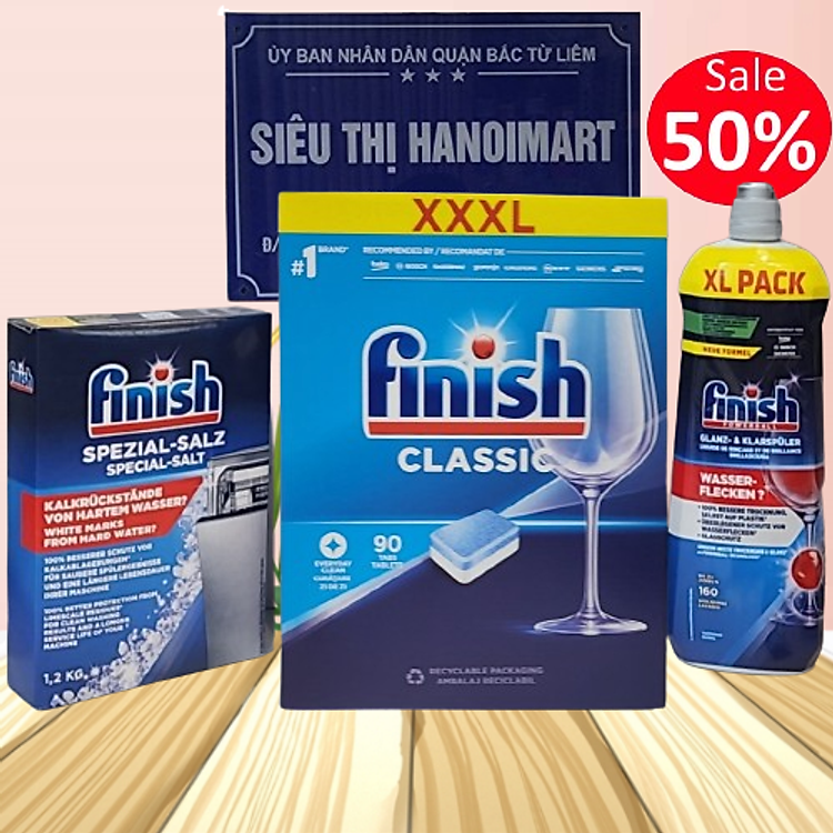 COMBO FINISH: Viên rửa bát Classic 90 viên + Bóng 750ml + Muối 1,2kg + Dung dịch vệ sinh