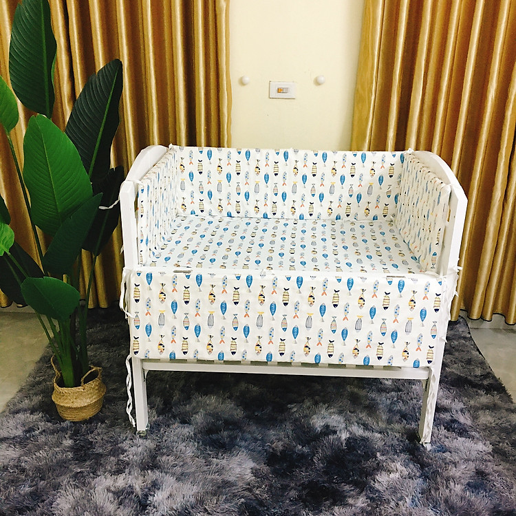 Bộ 4 Sản Phẩm Cho Giường Cũi Gỗ Thông Nhà Máy Màu Trắng - Tặng 4 Bánh Xe, Ga Chống Thấm - Đầy Đủ Màu Sắc, Kích Thước