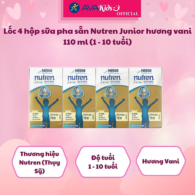 Lốc 4 hộp sữa pha sẵn Nutren Junior hương vani 110 ml (1 - 10 tuổi)