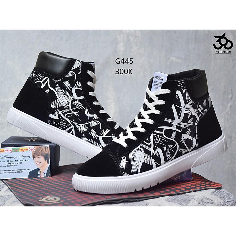 Giày sneaker cao cổ nam, họa tiết, style Korea