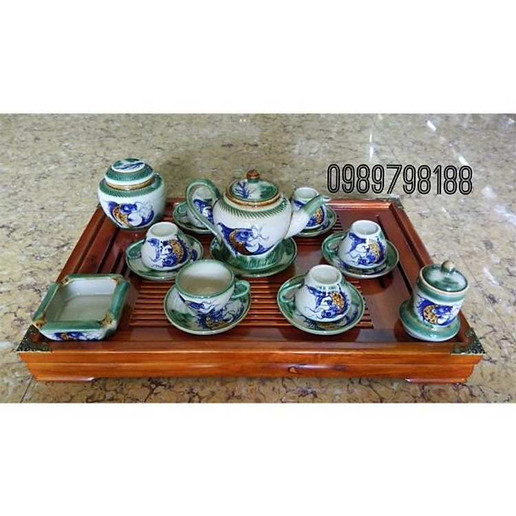 Bộ ấm chén vẽ cá đủ phụ kiện kèm khay gỗ
