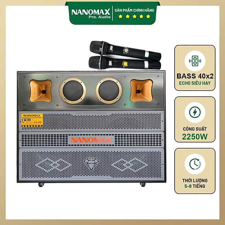 Loa Kéo Bình & Điện Nanomax Pro-300 Bass Đôi 40cm 2250w. Hàng Chính hãng