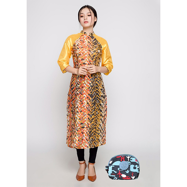 Combo Áo Dài Cách Tân Form Dài CT04 FATRALY - Vàng + Ví Cầm Tay