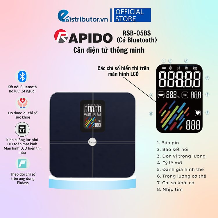 Cân sức khỏe Rapido RSB05-BS - Hàng chính hãng - Bảo Hành 12 Tháng