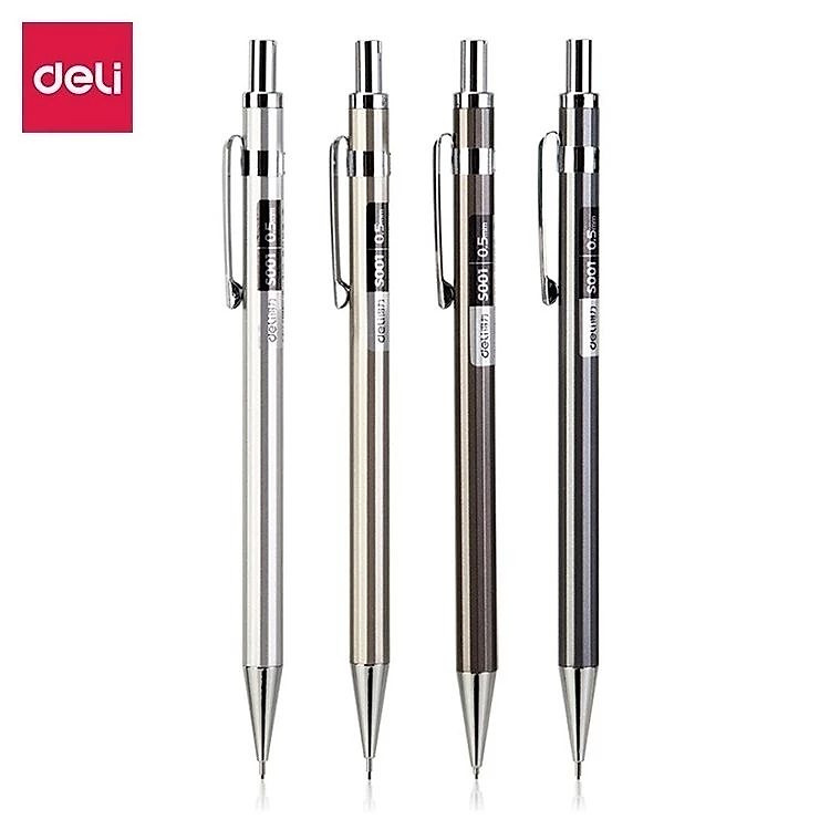 Set 4 bút chì kim học sinh Deli S001 kèm đầu tẩy ngòi 0.5mm - Vỏ kim loại chống gỉ bảo vệ ngòi chì