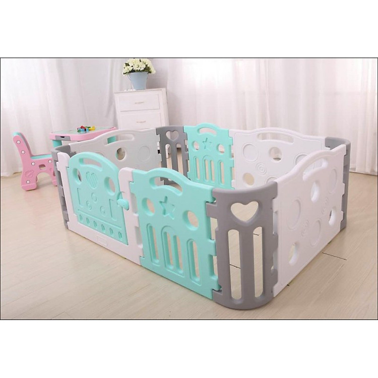 Quây cũi góc tròn 3 xanh , trắng, hồng size M mã TH-KK-03B(KT: 183x132x65)