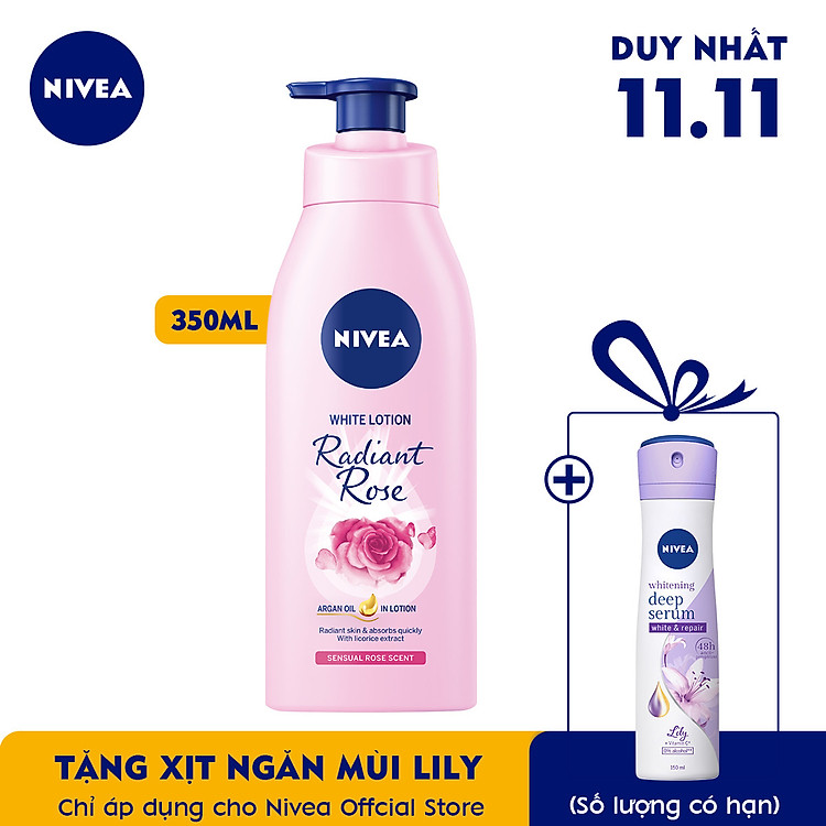 TẶNG XỊT NGĂN MÙI HƯƠNG HOA LILY - Sữa Dưỡng Thể Dưỡng Trắng NIVEA Hương Hoa Hồng Radiant Rose (350ml) - 85707