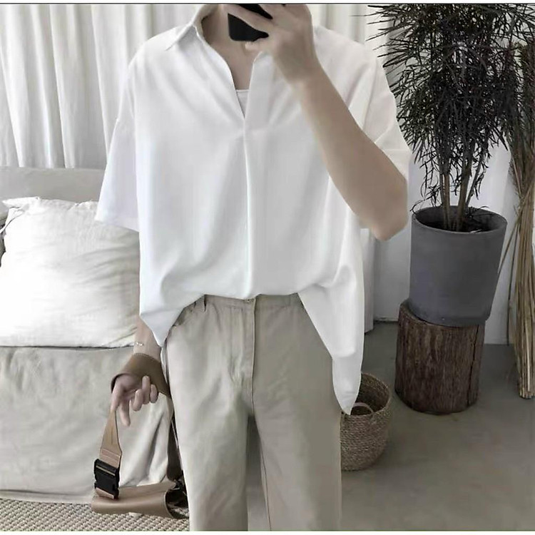 Áo sơ mi CỔ CHUI Basic hai màu TRẮNG - Đen trơn unisex nam nữ tay ngắn form rộng chất lụa cao cấp phong cách đơn thoải mái kiểu HÀN QUỐC thích hợp đi tiệc