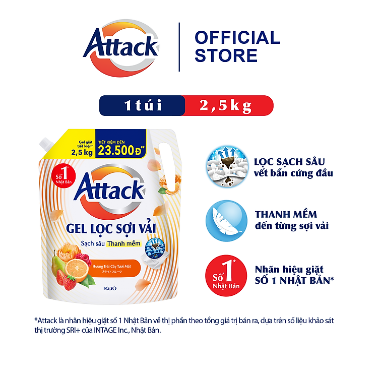Gel Giặt Attack Hương Trái Cây Tươi Mát Túi 2.5Kg